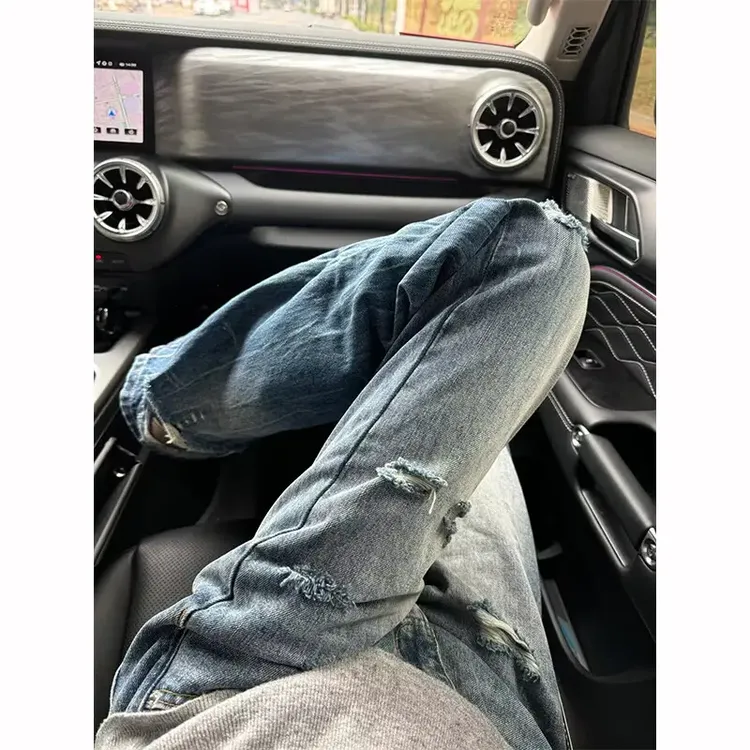 水洗闪电纹微喇牛仔裤男款美式vibe修身窄版裤子弯刀破洞直筒长裤
