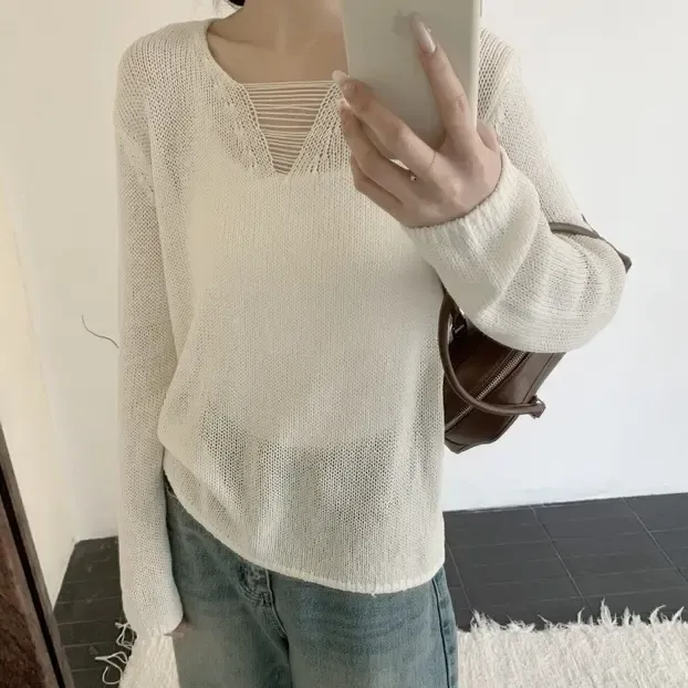 天爽亚麻带子纱9661设计感V领针织衫时尚别致洋气百搭