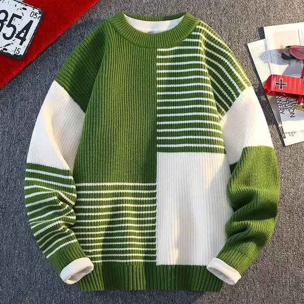 蒙派秋冬季男士圆领针织衫潮流个性撞色套头长袖上衣毛线衣男装