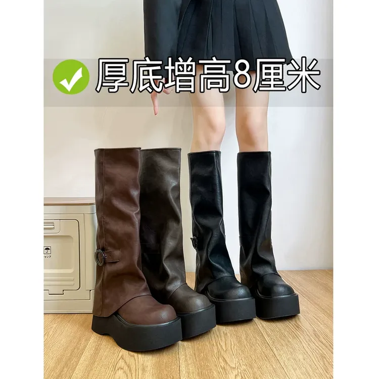 厚底增高长筒靴女秋2025新款褶皱堆堆裤管靴小个子不半包头拖鞋女