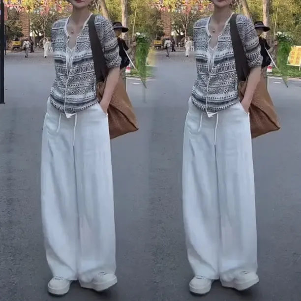 夏季亚麻弯刀裤子女设计垂感老钱风阔腿裤宽松显瘦直筒休闲裤