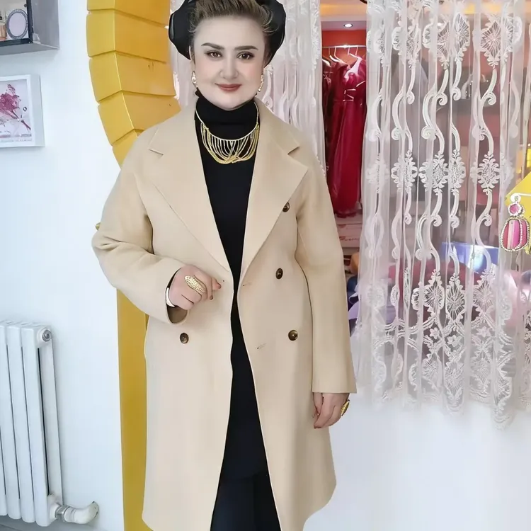 秋冬新款宽松中长款小个子西装领羊绒毛呢外套时尚双面修身双排扣