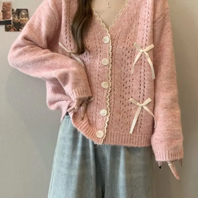 小香风长袖针织开衫女秋冬大码宽松遮肚子蝴蝶结V领外