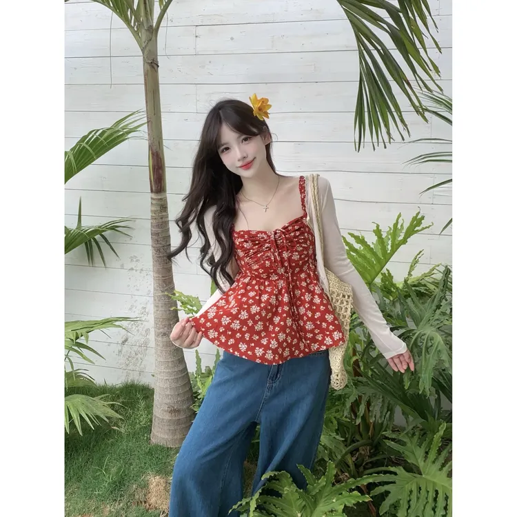 温柔系带收腰碎花吊带上衣蕾丝边拼接开衫夏季防晒套装女