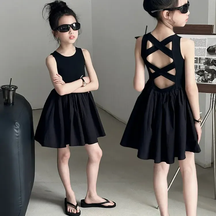 D韩式童装女童露背小黑裙女童2025夏季连衣裙儿童蓬蓬裙背心裙洋