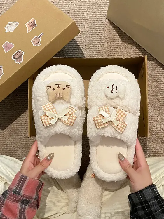 【皮卡】可爱小猫小鱼毛绒棉拖鞋保暖室内居家女学生宿舍软棉拖加绒
