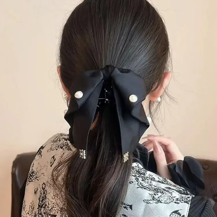 复古缎面蝴蝶结抓夹女高级感气质优雅低马尾夹后脑勺夹子头饰发夹