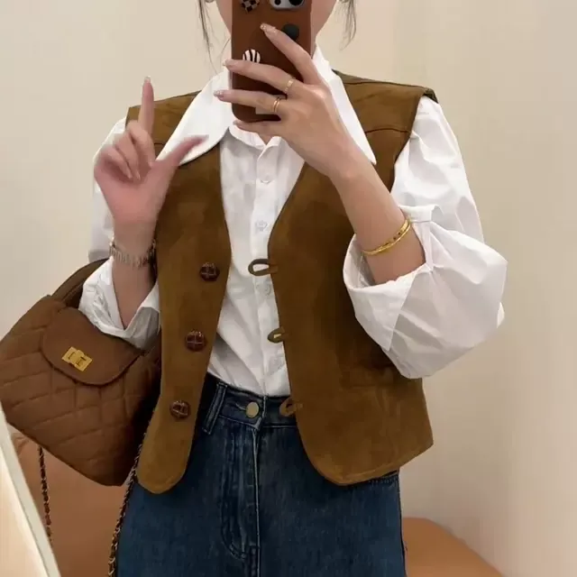 鹿皮绒马甲女短款背心2025新款春季韩版复古高级感小个子坎肩外套