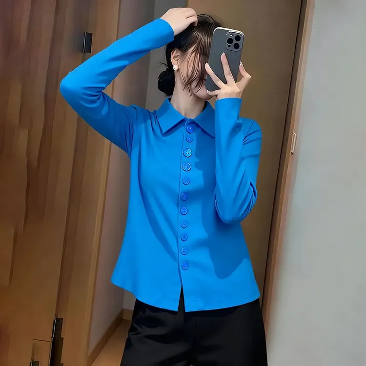 蓝色翻领长袖衬衫女2025秋冬新款洋气减龄修身显瘦内搭打底衫上衣