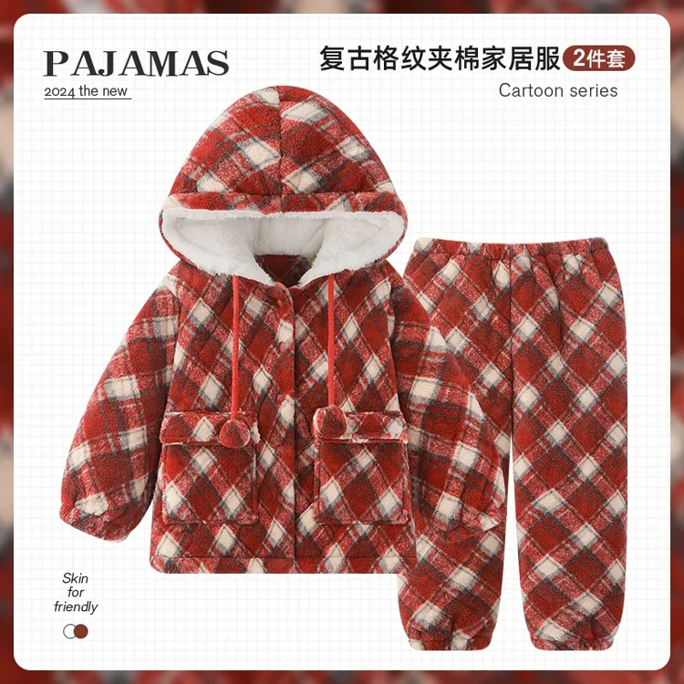 2025新款红格子睡衣女冬季珊瑚绒加绒加厚三层夹棉保暖省服家居服