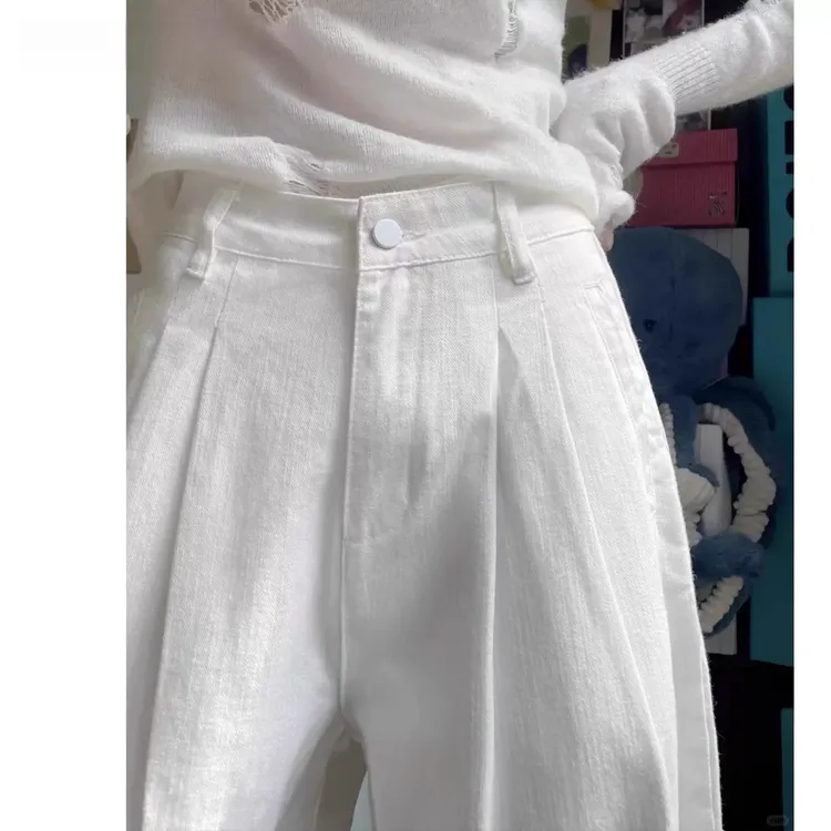 雪千羽高腰褶皱阔腿牛仔裤女2025年春夏新款宽松垂感白色直筒裤子