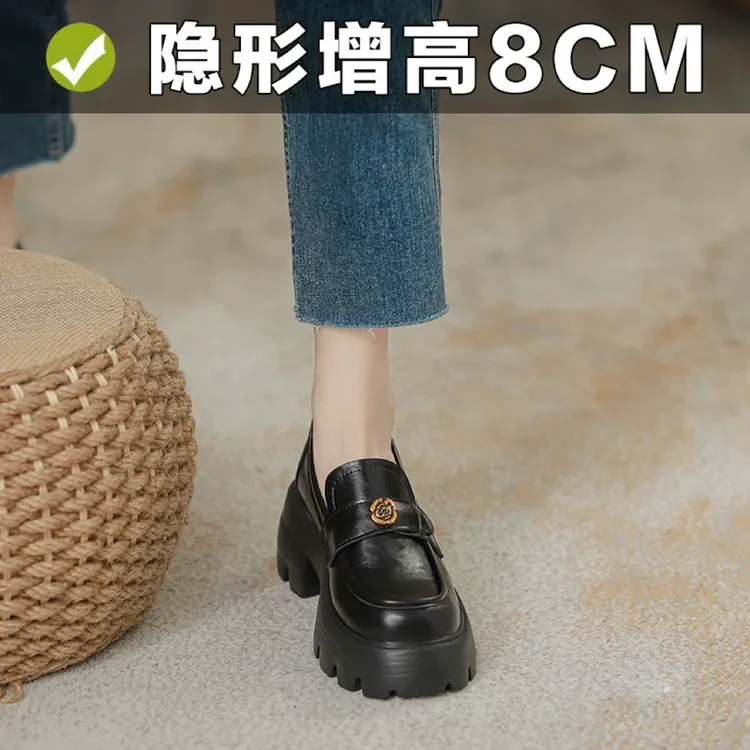 真皮内增高乐福鞋女英伦复古春秋小个子厚底粗跟单鞋黑色小皮鞋33