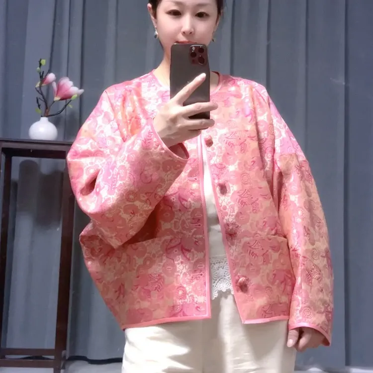 丝羊毛真丝里衬宽松时尚圆领短款外套新中式设计款飞机袖百搭女装