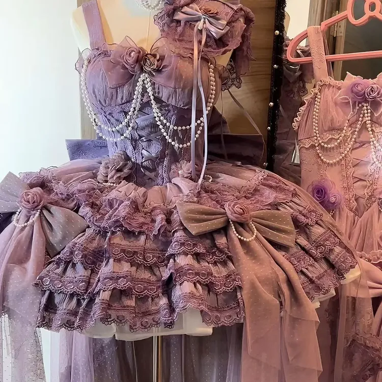 花下情书实体店现货原创紫色复古优雅洛丽塔洋装大裙摆吊带连衣裙