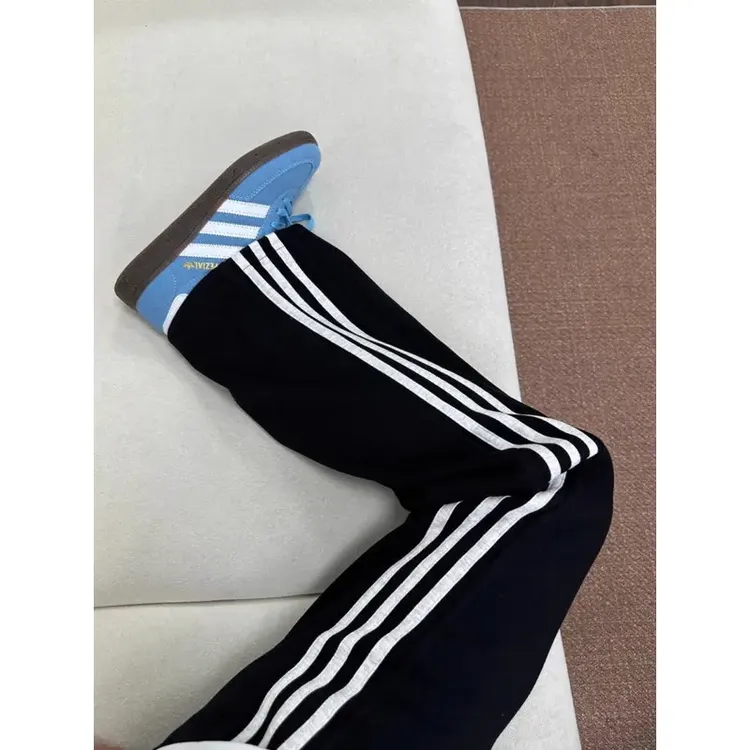 白花灰色三条杠裤子男秋季宽松直筒运动卫裤高腰重磅条纹休闲长裤