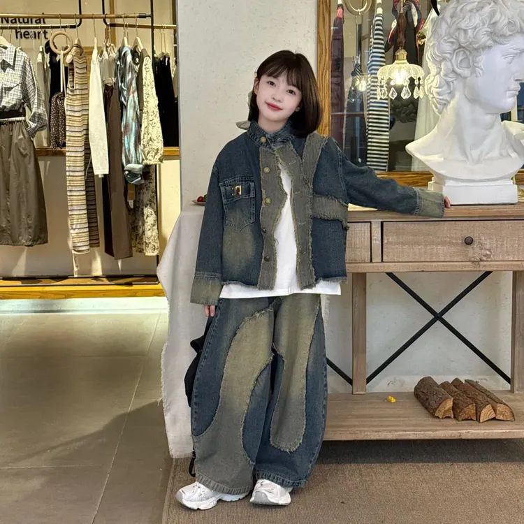 女童秋季潮酷百搭个性拼接毛边长袖牛仔套装中大童痞帅炸街三件套