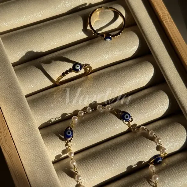 925银仿珍珠戒指 恶魔之眼设计款蓝色简约欧美风戒指手链两件套