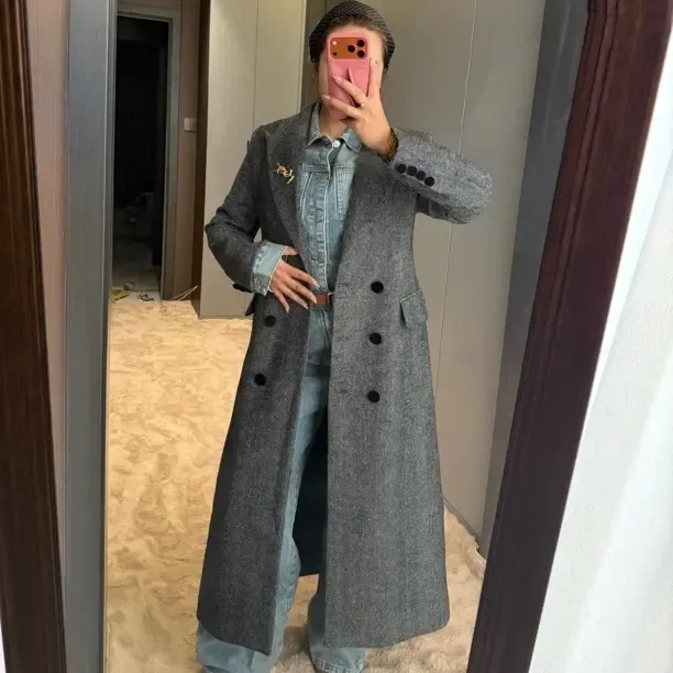 秋冬法式收腰显瘦西装领长款大衣