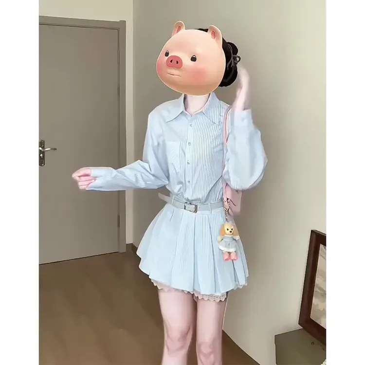 衬衫连衣裙女2025早春穿搭气质温柔条纹韩系翻领长袖收腰百褶裙子