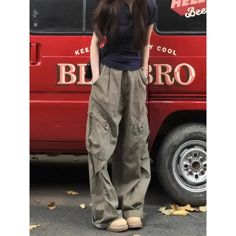 美式复古高街嘻哈工装牛仔裤女秋季新款宽松阔腿显瘦直筒弯刀裤子