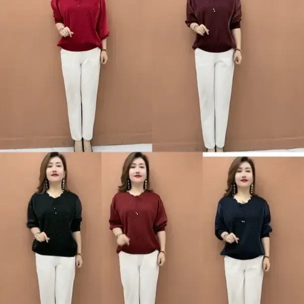 XX新款宽松显瘦洋气烫钻满天星提花醋酸袖v领中老年百搭针织衫