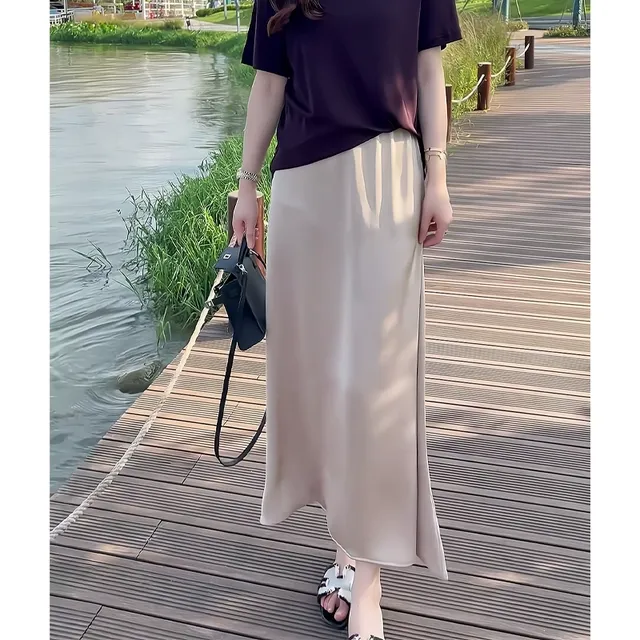醋酸缎面丝滑垂感半身裙女夏季高腰中长款荷碎花裙2025新款爆款长