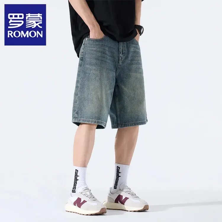 罗蒙夏季冰丝牛仔短裤男款水洗复古做旧宽松直筒休闲百搭五分裤子