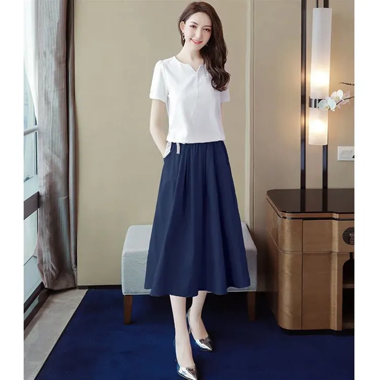 棉麻时尚套装裙夏装新款女装短袖领亚麻两件套中长款连衣裙