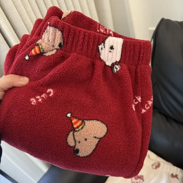 卡通印花雪粒绒睡裤女冬季加厚保暖高腰宽松休闲家居裤可外穿