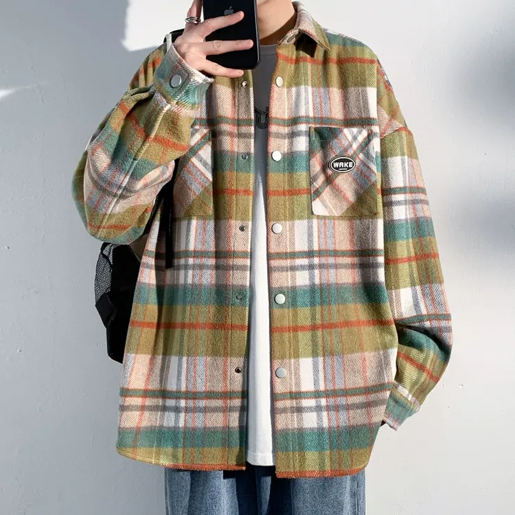 小香风长袖衬衫男春秋季新款宽松格子衬衣大码潮流青少年翻领外套