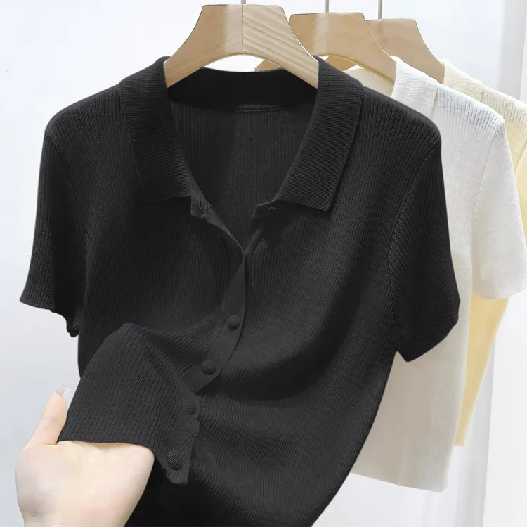 2025年新款POLO领短袖针织开衫女装夏季宽松显瘦百搭气质T恤上衣