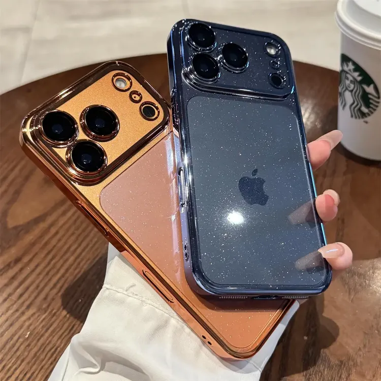 适用苹果17promax手机壳新款闪粉iPhone17高级感17pro带镜膜橙色