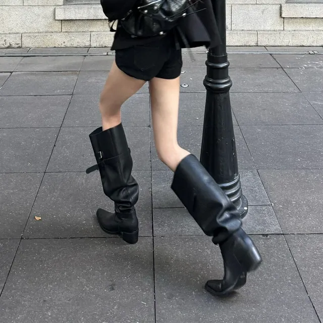 牛皮版~美拉德堆堆靴2025新款高跟长靴女秋冬黑色粗跟靴子长筒靴