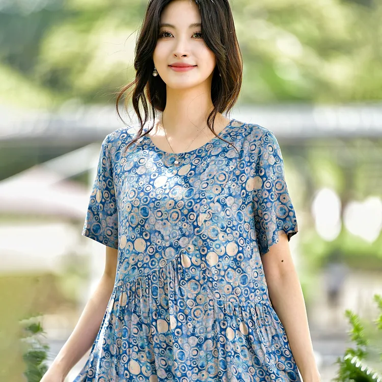 2025夏季新款棉绸连衣裙女中长款宽松大码时尚外穿人造棉绵绸裙子