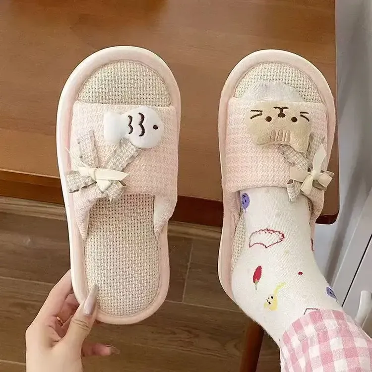 卡通可爱猫咪亚麻拖鞋四季室内防滑静音地板拖轻便居家小鱼拖鞋JY