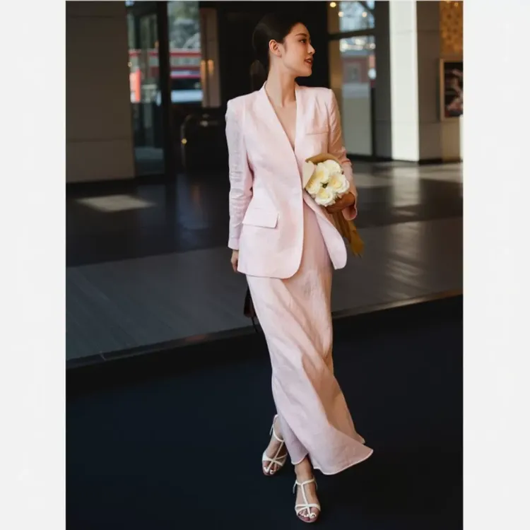 轻奢亚麻西装套装裙女秋季老钱通勤干练气质粉色外套半身裙两件套