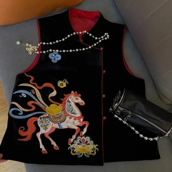 5633设计师原创定制高端品质时尚休闲新中式国风丝绒刺绣马