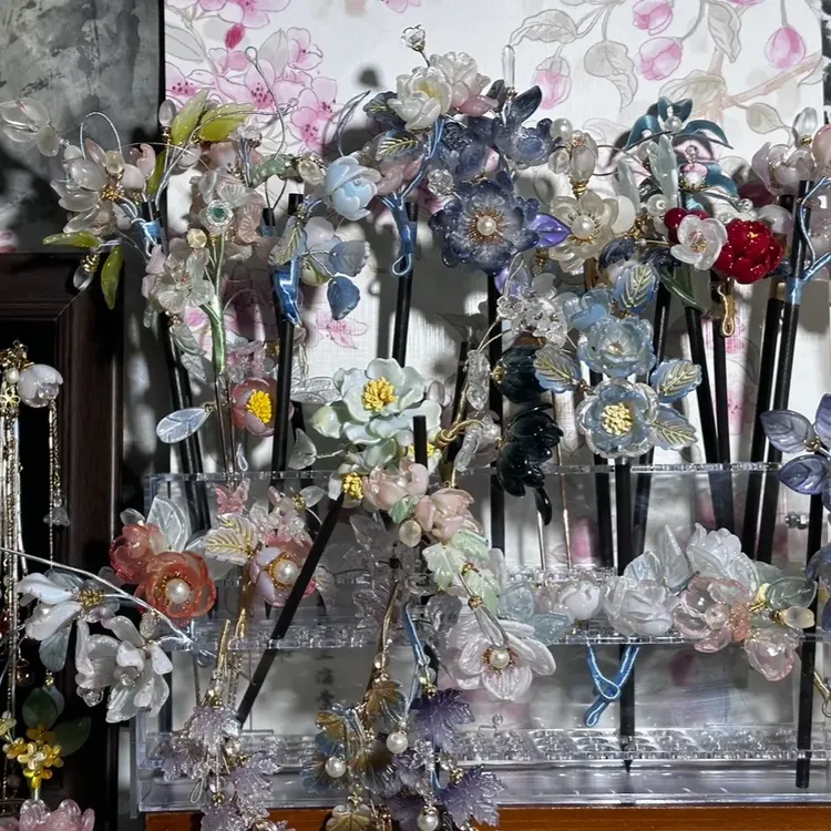 国风汉服手工原创设计木质U型双钗发簪新中式森系花卉盘发发饰