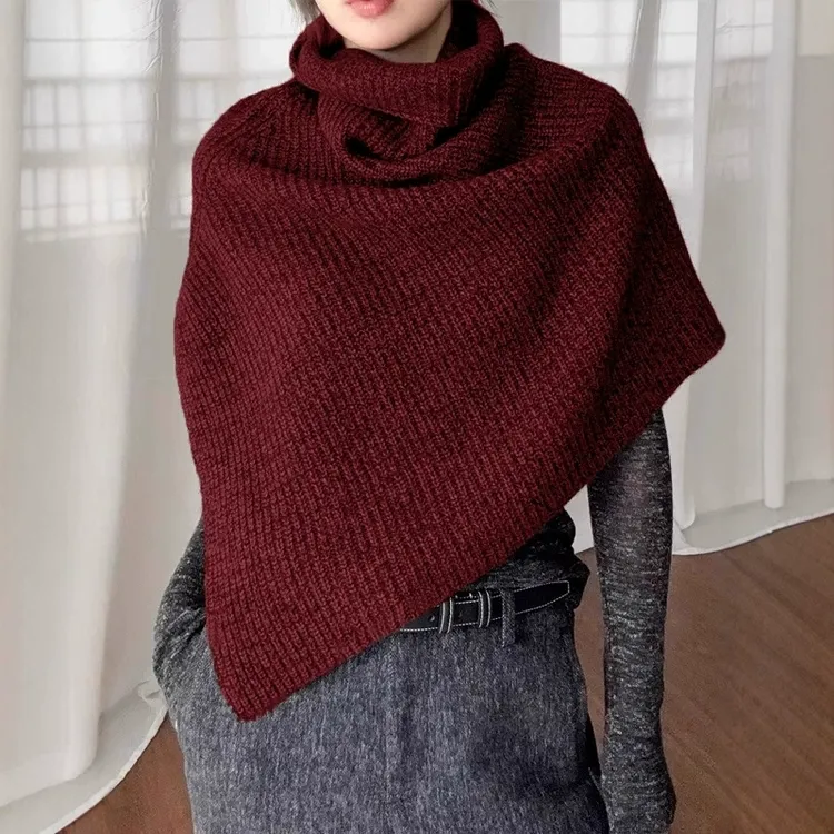 高级感新年红色高领针织围巾披肩女秋冬气质叠穿斗篷围脖套头脖套