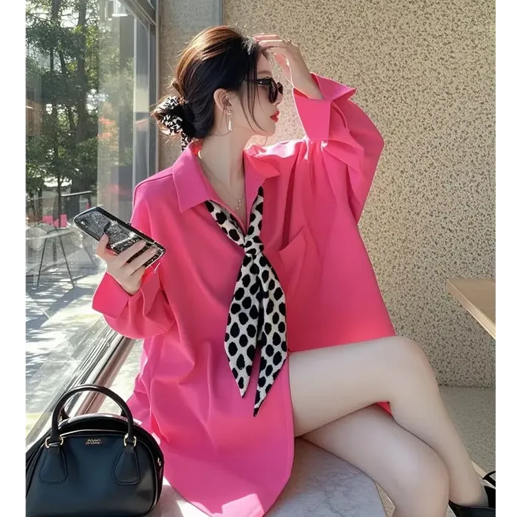 4162新款小衫独特超好看洋气时髦设计感玫粉色领结长袖衬衫女春