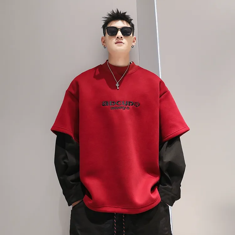 有术美式重工刺绣假两件圆领卫衣2025春季百搭潮牌休闲宽松外套