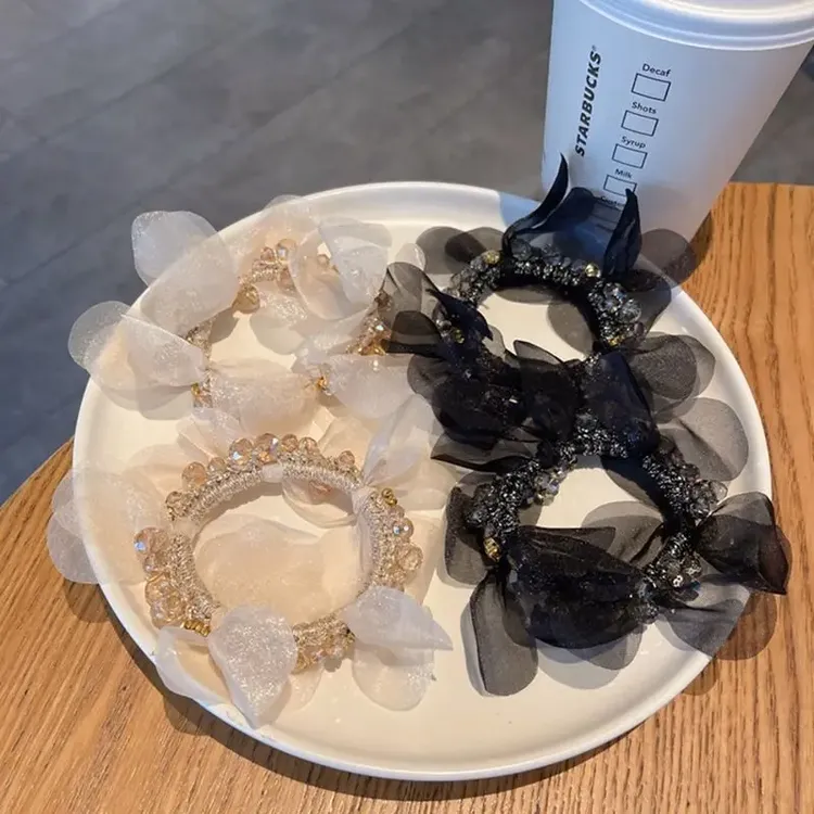 优雅气质花瓣欧根纱水晶发圈精致高马尾丸子头扎头绳高弹力女发绳