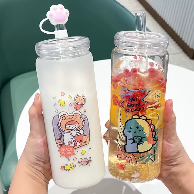 网红大容量定制logo玻璃水杯吸管珍珠奶茶瓶女家用水果茶饮料杯子