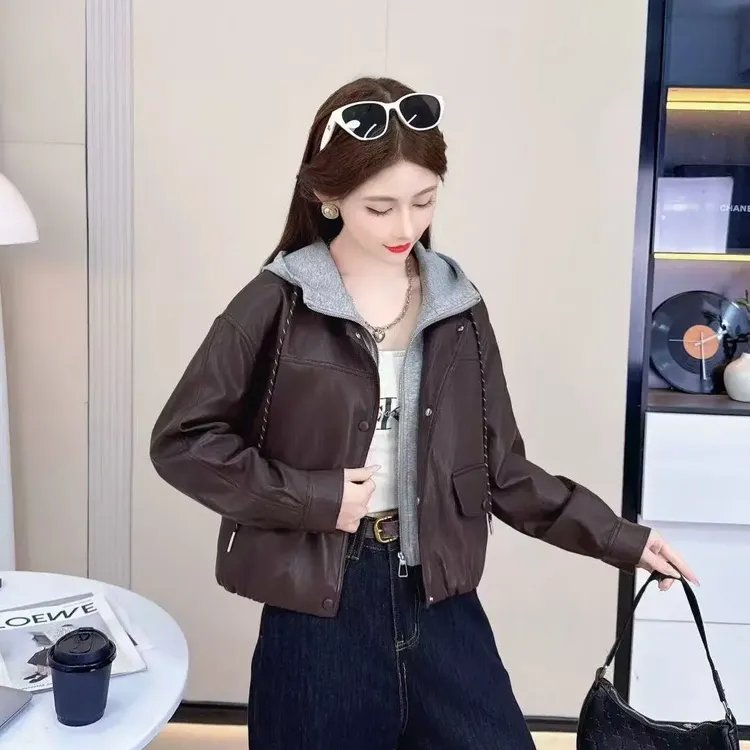 秋季拼接显瘦外套短款连帽秋冬常规皮衣嘻哈风宽松水洗皮外套女