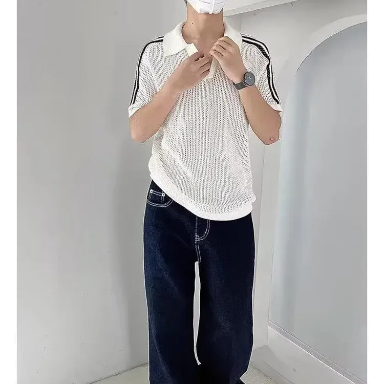 潮牌POLO领侧边条纹卫衣潮夏季新款男士休闲短袖时尚大码宽松T恤