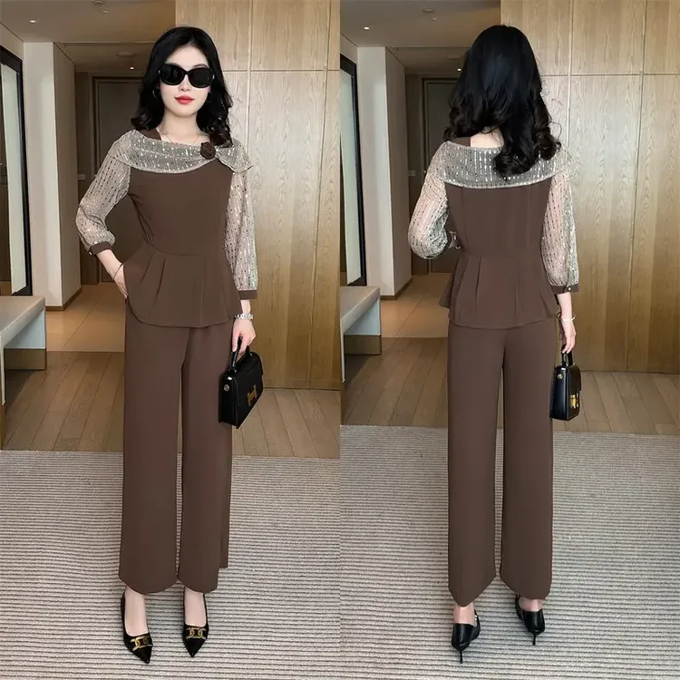 爆款蕾丝显瘦春秋气质洋气时尚减龄拼接休闲春季套装2025小香风