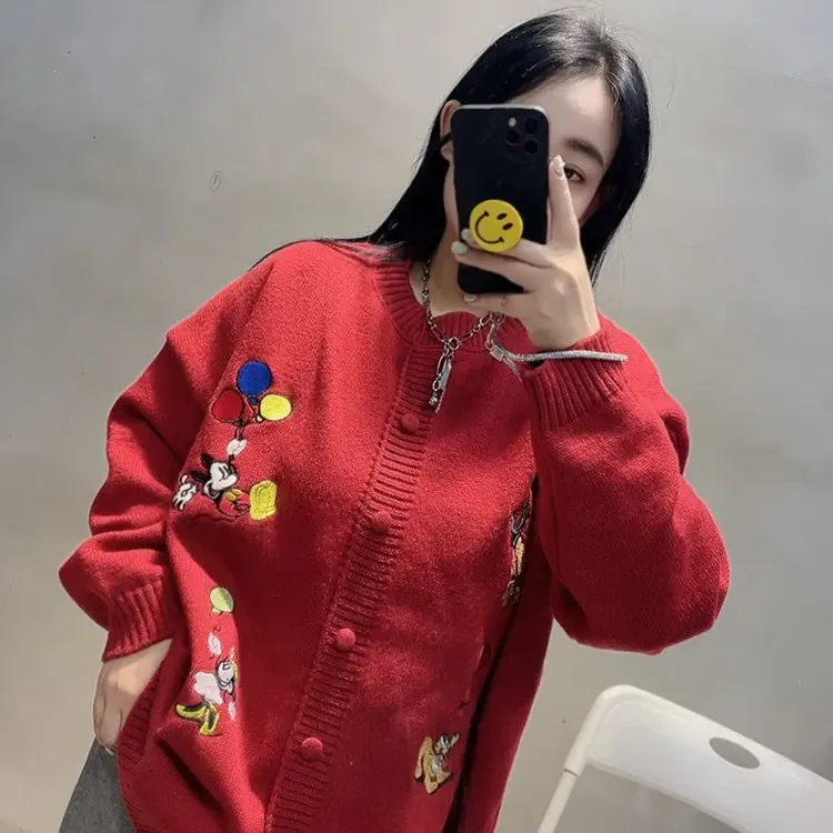 秋冬大码女慵懒风卡通刺绣针织开衫毛衣外套百搭显瘦