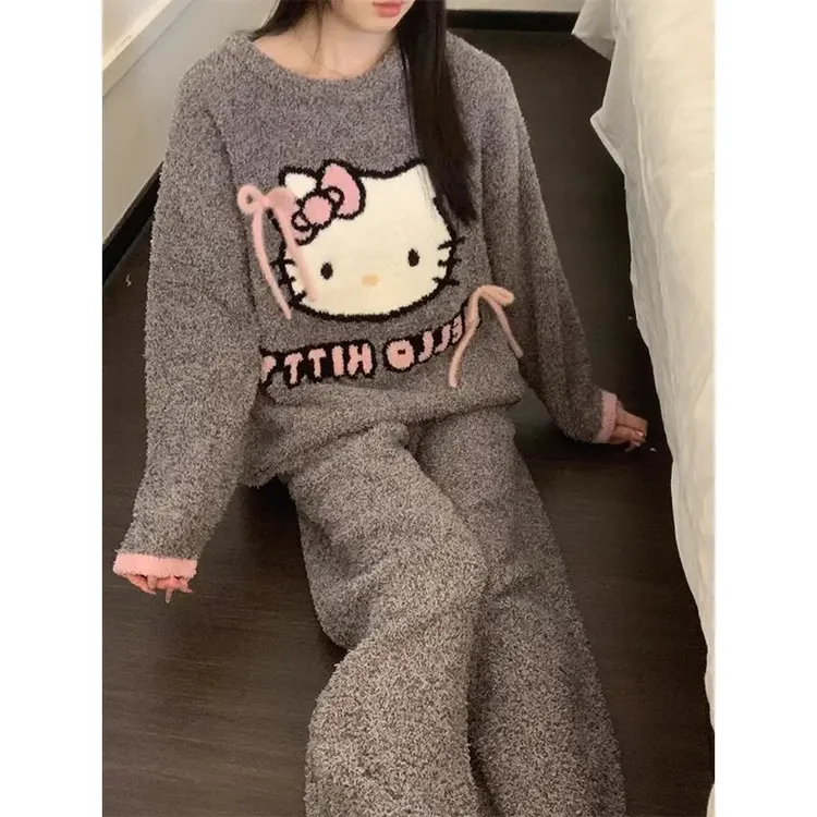 甜美可爱HelloKitty印花半边绒睡衣女冬季新款家居服加厚保暖套装