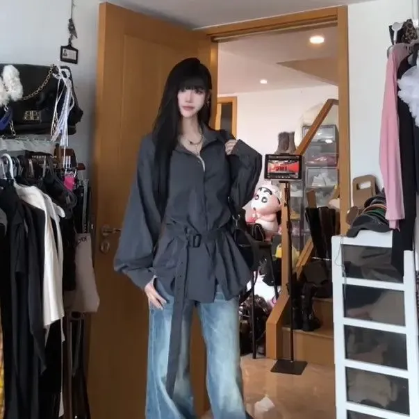 中古解构 含腰带条纹设计感衬衫上衣夏季新款时尚简约通勤衬衣潮