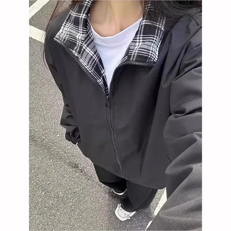 美式三防夹克男女款春秋潮牌高级感格子拼接情侣休闲cleanfit外套